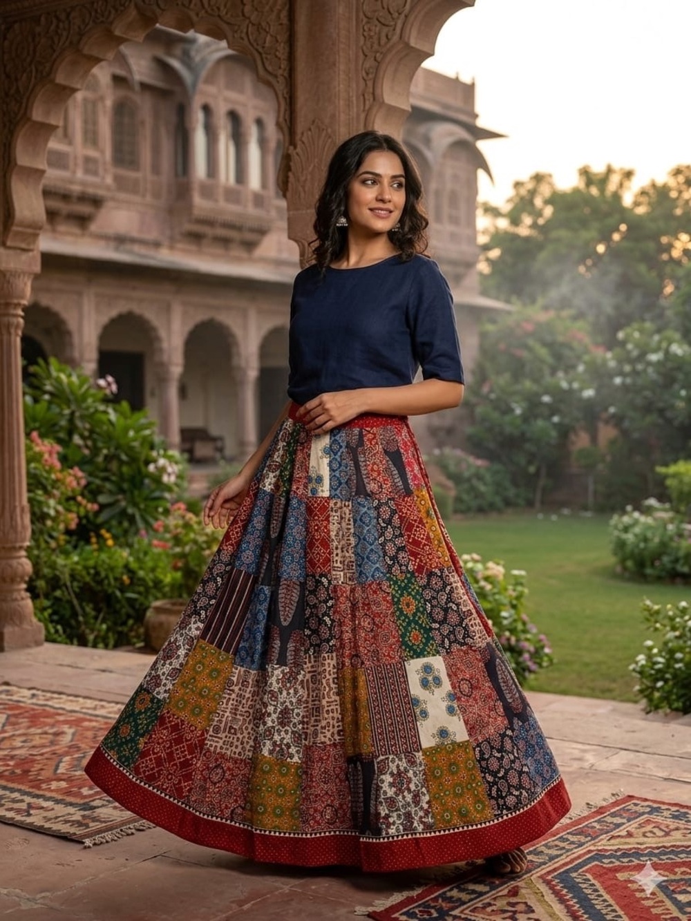 Boho Patchwork Circle Skirt in Multi-Color